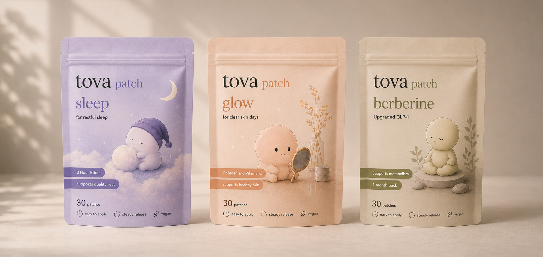 Tova Patch lavender sleep, peach glow and mint berberine wellness patches