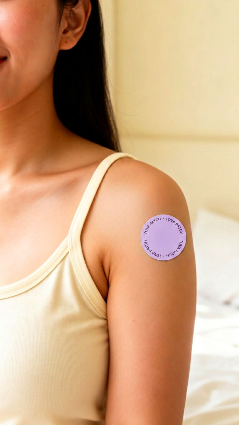 Woman applying a Tova wellness patch